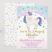 Paarse Roze Gouden Eenhoorn Verjaardagsuitnodiging Kaart (Voorkant / Achterkant)