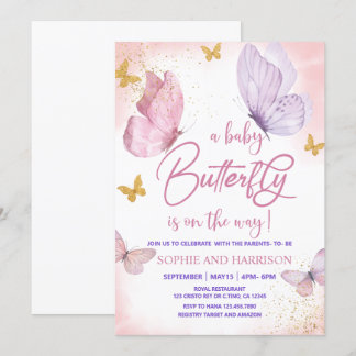 Paarse Roze Gouden Glitter Butterfly Baby shower Kaart