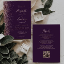Paarse Roze Gouden Glitter Rand QR Code Trouwkaart