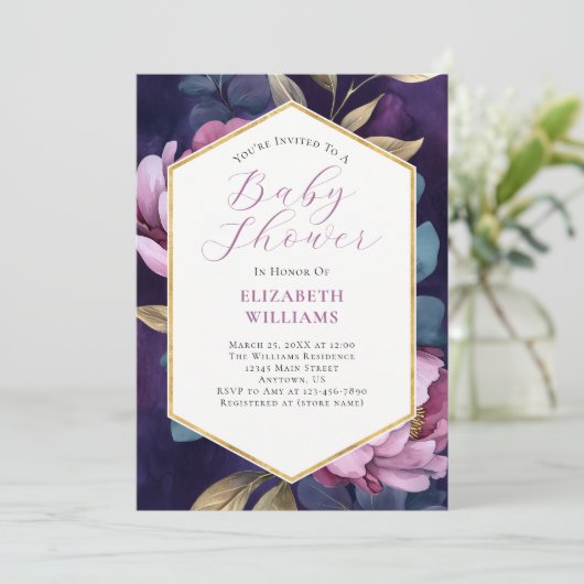 Paarse Roze Gouden Groene Pioenen Baby shower Kaart (Staand voorkant)