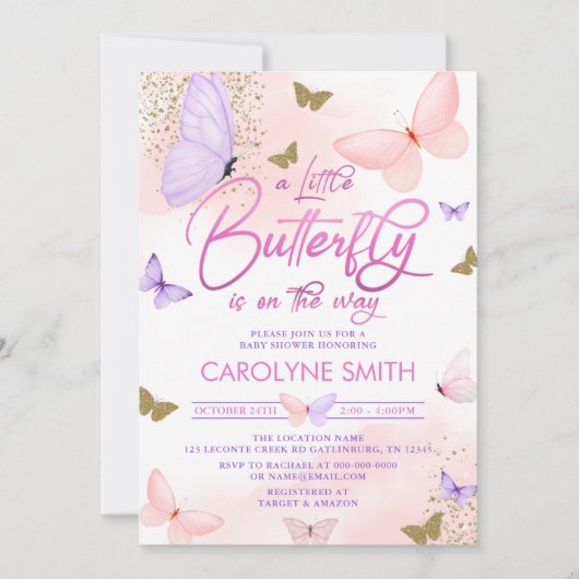 Paarse & Roze Gouden Vlinder Baby shower Kaart (Voorkant)