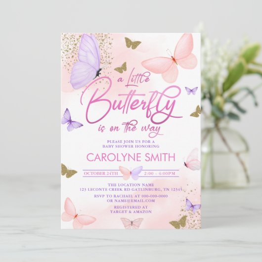 Paarse & Roze Gouden Vlinder Baby shower Kaart (Staand voorkant)