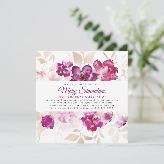 Paarse roze goudflora 100e verjaardag kaart (Staand voorkant)