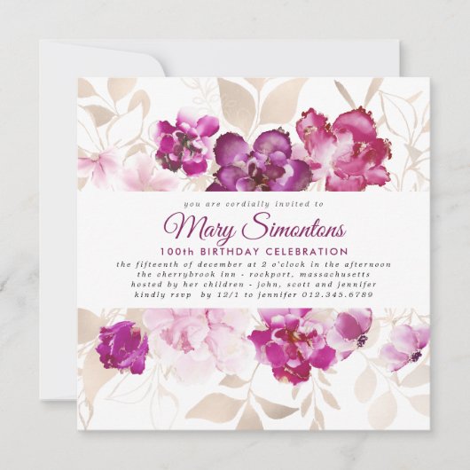 Paarse roze goudflora 100e verjaardag kaart (Voorkant)