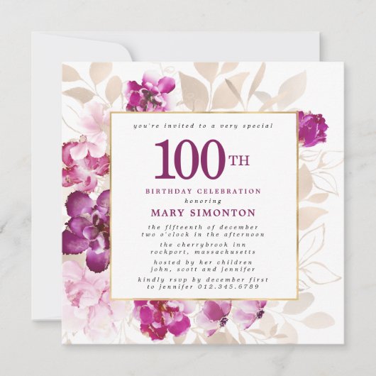 Paarse roze goudflora 100e verjaardag kaart (Voorkant)