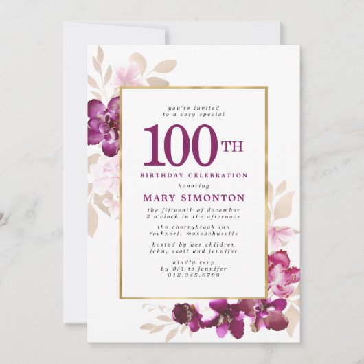 Paarse roze goudflora 100e verjaardag kaart (Voorkant)