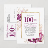 Paarse roze goudflora 100e verjaardag uitnodiging briefkaart (Voorkant / Achterkant)