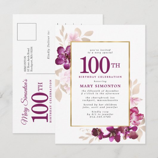 Paarse roze goudflora 100e verjaardag uitnodiging briefkaart (Voorkant / Achterkant)