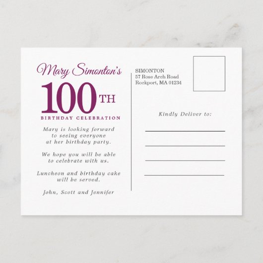 Paarse roze goudflora 100e verjaardag uitnodiging briefkaart (Achterkant)