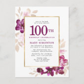 Paarse roze goudflora 100e verjaardag uitnodiging briefkaart (Voorkant)
