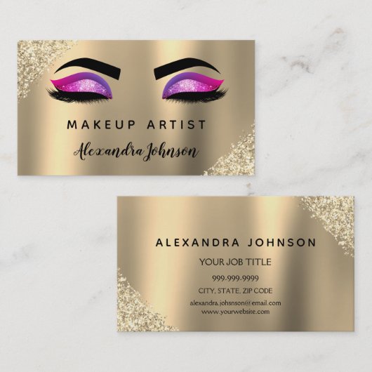 Paarse roze goudglitter Sparkle Makeup Artist Visitekaartje (Voorkant / Achterkant)