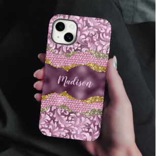 Paarse roze goudmonogram met  florale glitterij Case-Mate iPhone 14 hoesje