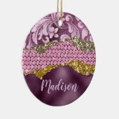 Paarse roze goudmonogram met florale glitterij keramisch ornament (Rechts)