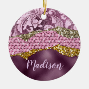 Paarse roze goudmonogram met  florale glitterij keramisch ornament