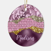 Paarse roze goudmonogram met florale glitterij keramisch ornament (Links)