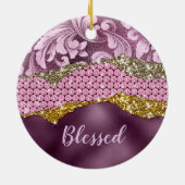Paarse roze goudmonogram met florale glitterij keramisch ornament (Achterkant)