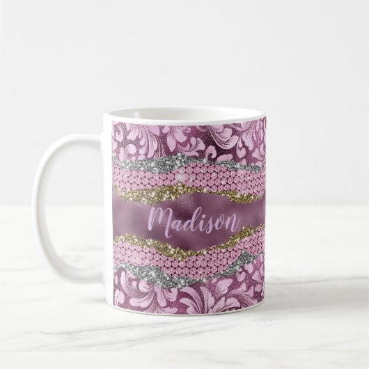 Paarse roze goudmonogram met  florale glitterij koffiemok (Links)