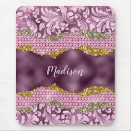 Paarse roze goudmonogram met  florale glitterij muismat