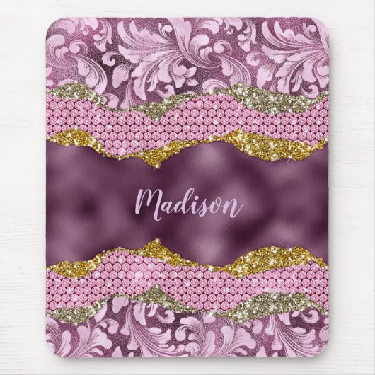 Paarse roze goudmonogram met  florale glitterij muismat (Voorkant)