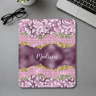 Paarse roze goudmonogram met florale glitterij muismat