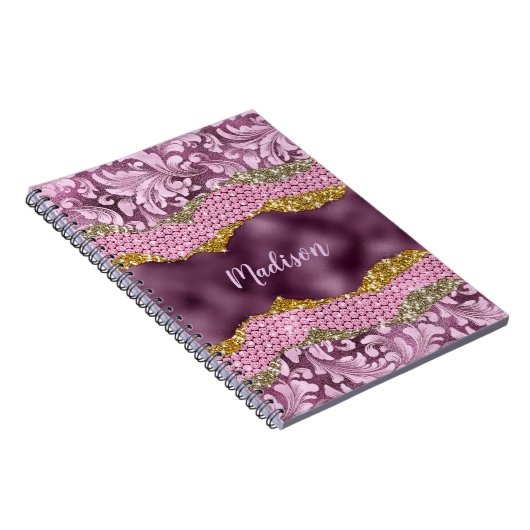 Paarse roze goudmonogram met  florale glitterij notitieboek (Rechterzijde)