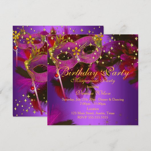 Paarse roze goudvetpartij Masquerade Party Kaart (Voorkant / Achterkant)