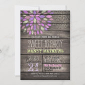 Paarse, roze, groen; Rustic Wood Sweet 16 Party Kaart (Voorkant)