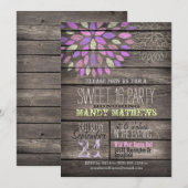 Paarse, roze, groen; Rustic Wood Sweet 16 Party Kaart (Voorkant / Achterkant)