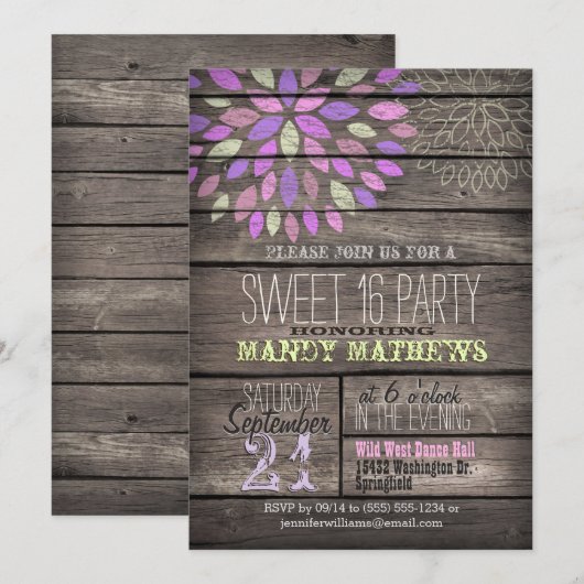 Paarse, roze, groen; Rustic Wood Sweet 16 Party Kaart (Voorkant / Achterkant)