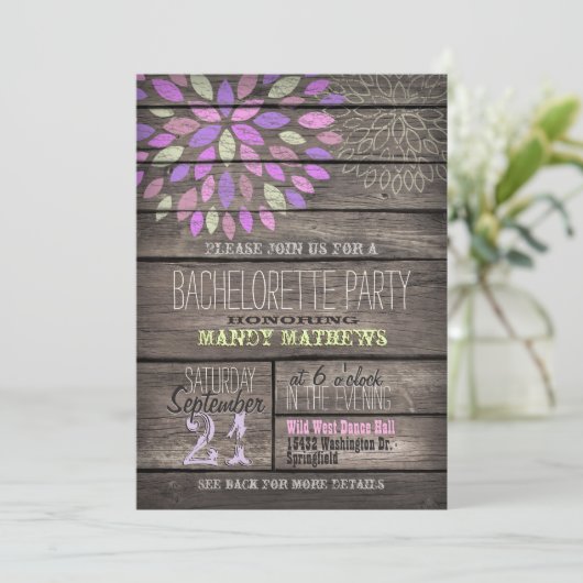 Paarse, roze, groen; rustieke vrijgezellenfeest kaart (Staand voorkant)