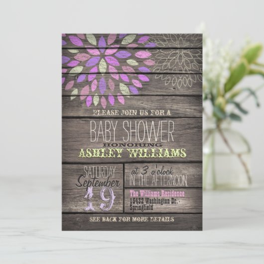 Paarse, Roze, Groene Bloem Rustiek Hout Baby showe Kaart (Staand voorkant)
