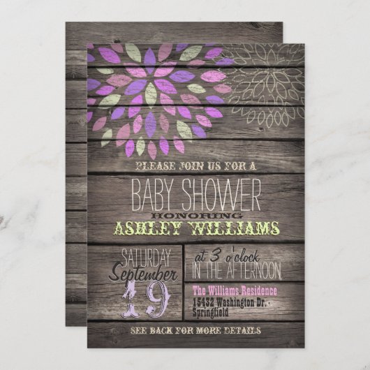 Paarse, Roze, Groene Bloem Rustiek Hout Baby showe Kaart (Voorkant / Achterkant)