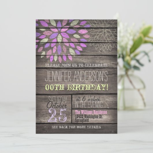 Paarse, Roze, Groene Bloem Rustiek Hout Verjaardag Kaart (Staand voorkant)