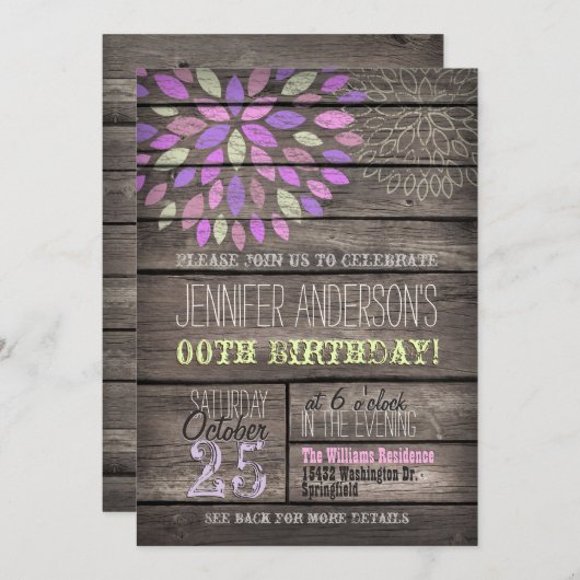 Paarse, Roze, Groene Bloem Rustiek Hout Verjaardag Kaart (Voorkant / Achterkant)