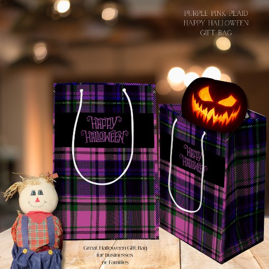 Paarse Roze Happy Halloween Plaid Gift Bag Medium Cadeauzakje
