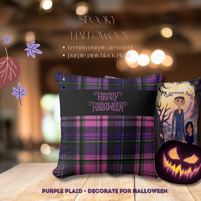Paarse Roze Happy Halloween Plaid Kussen (Purple Pink Happy Halloween Plaid Throw Pillow)