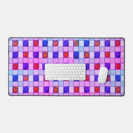 Paarse roze harten gingham Desk Mat (Keyboard & Muis)