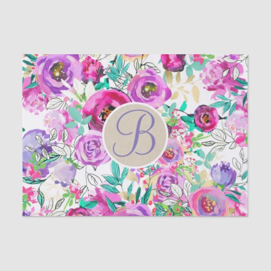 Paarse Roze Helder Bloemen Monogram Letter Initiaa Tissuepapier (Voorkant)