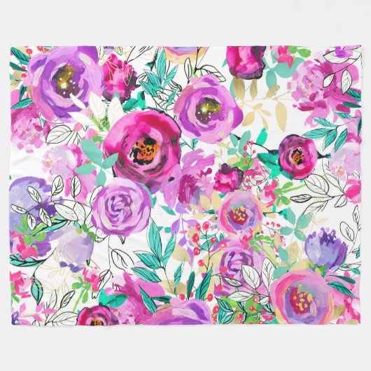 Paarse roze, heldere kleurrijke moderne bloemkool fleece deken (Voorkant (Horizontaal))