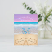 Paarse roze hemelhart in het zandstrand briefkaart (Staand voorkant)