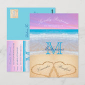 Paarse roze hemelhart in het zandstrand briefkaart (Voorkant / Achterkant)