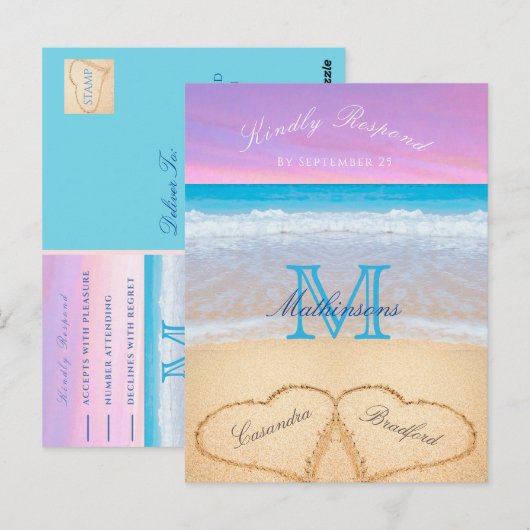 Paarse roze hemelhart in het zandstrand briefkaart (Voorkant / Achterkant)