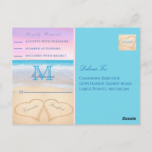 Paarse roze hemelhart in het zandstrand briefkaart (Achterkant)