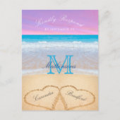 Paarse roze hemelhart in het zandstrand briefkaart (Voorkant)