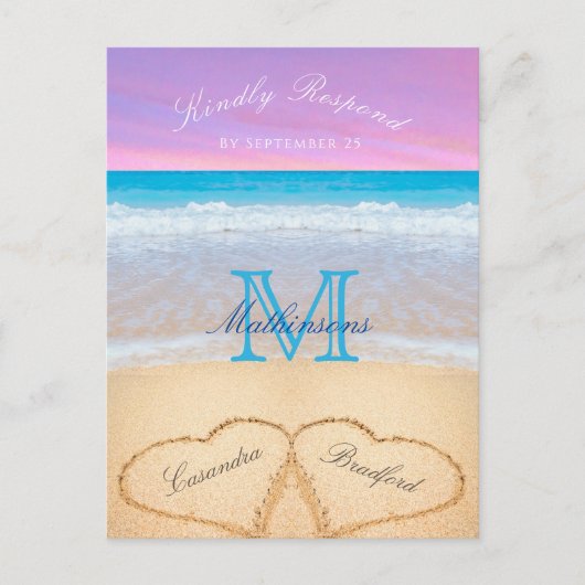 Paarse roze hemelhart in het zandstrand briefkaart (Voorkant)