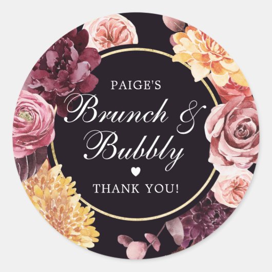 Paarse roze herfst Floral Bridal Brunch Bubble Ronde Sticker (Voorkant)