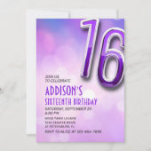 Paarse Roze Holo 16e Verjaardagsuitnodiging Kaart (Voorkant)