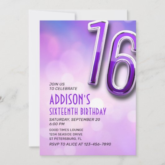 Paarse Roze Holo 16e Verjaardagsuitnodiging Kaart (Voorkant)