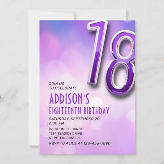 Paarse Roze Holo 18e Verjaardagsuitnodiging Kaart (Voorkant)