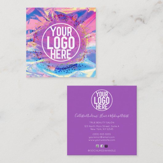 Paarse Roze Holograaf Glitter Confetti Logo Vierkante Visitekaartje (Voorkant / Achterkant)